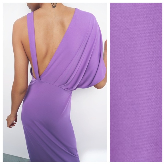 NWT. Zara Light Lilac Draped Asymmetrical Open Back Midi Dress. Size S. - Picture 6 of 13